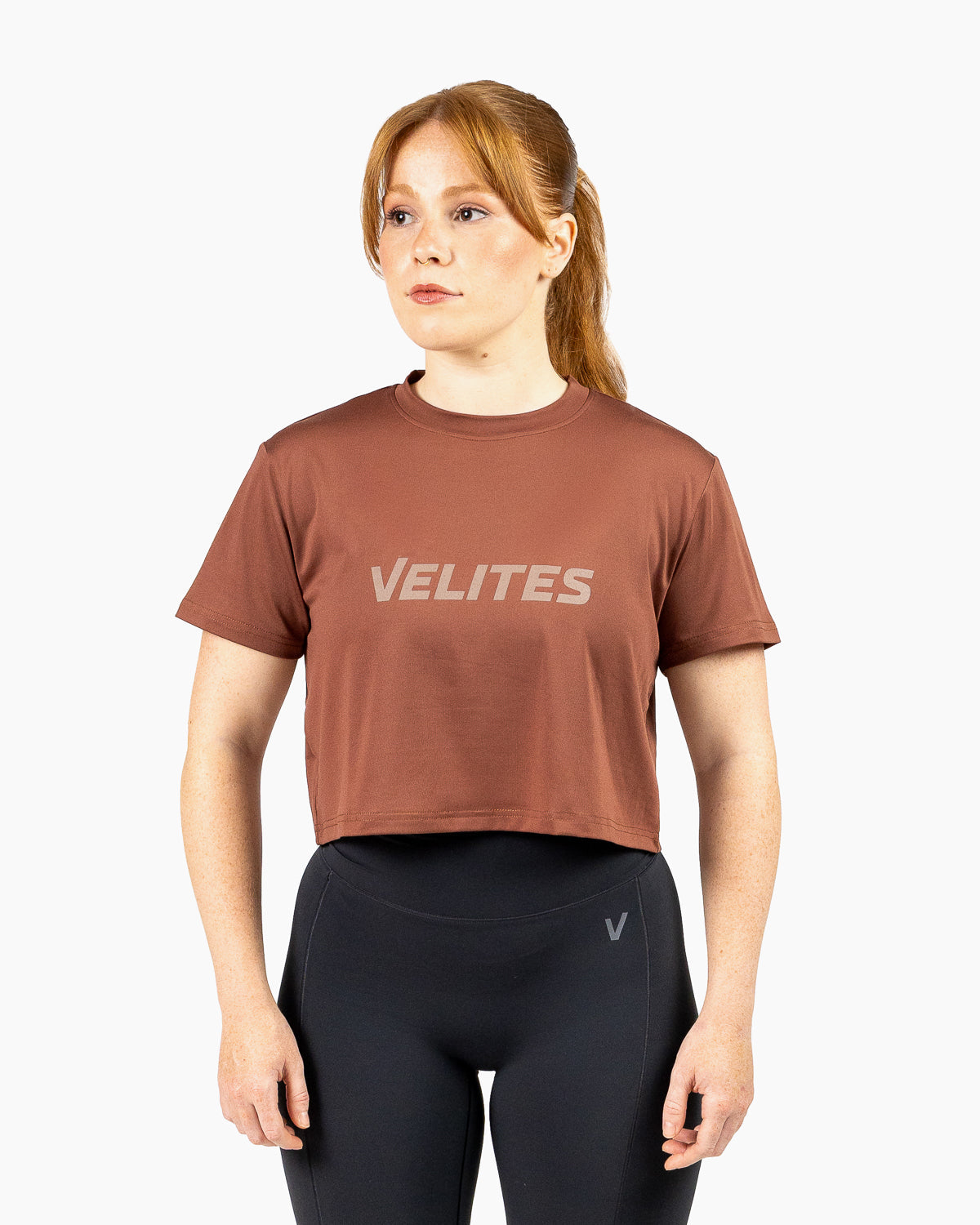 Velites Holo women's crop t-shirt front color_chestnut