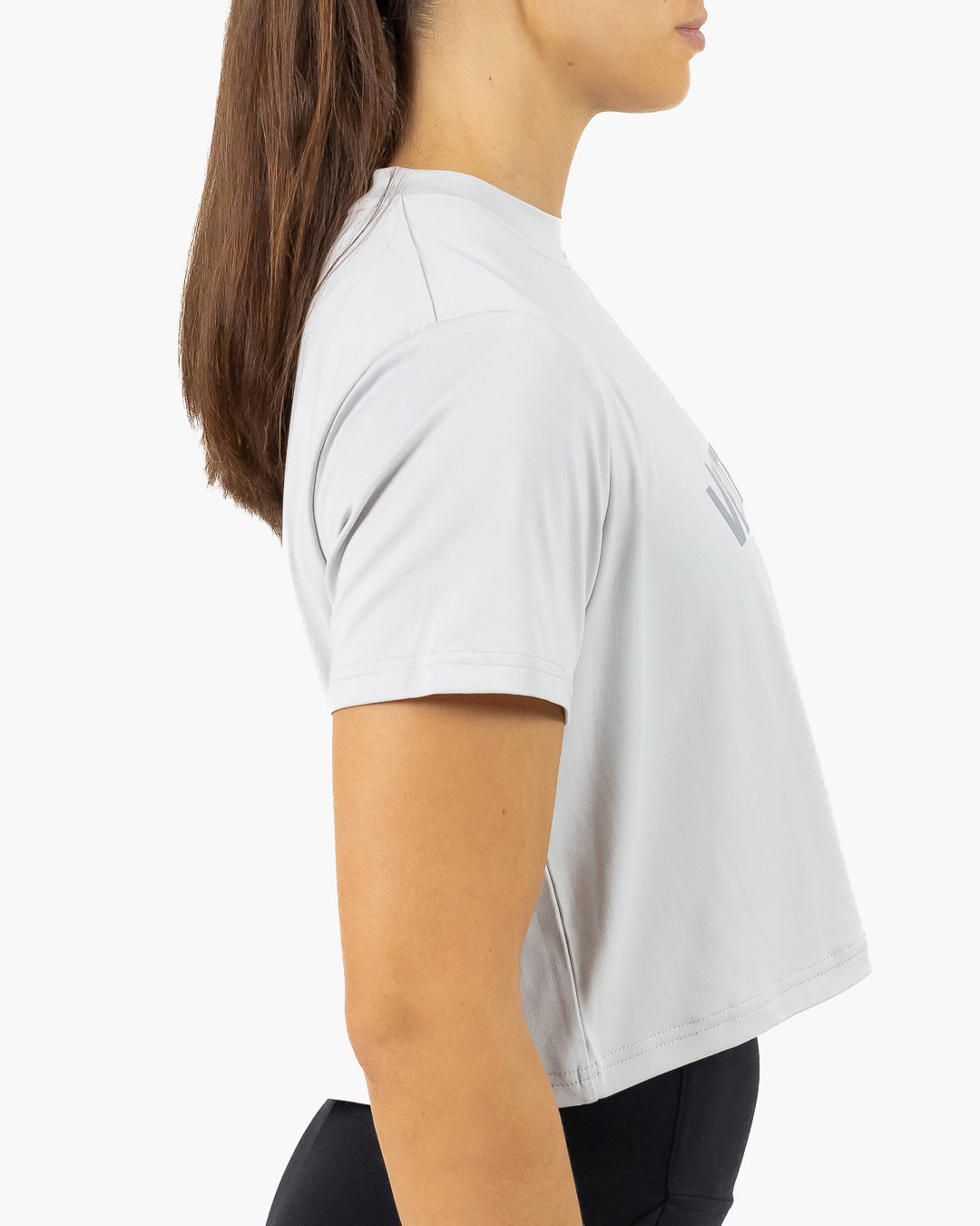 Velites Holo women's crop t-shirt side close-up color_Grey
