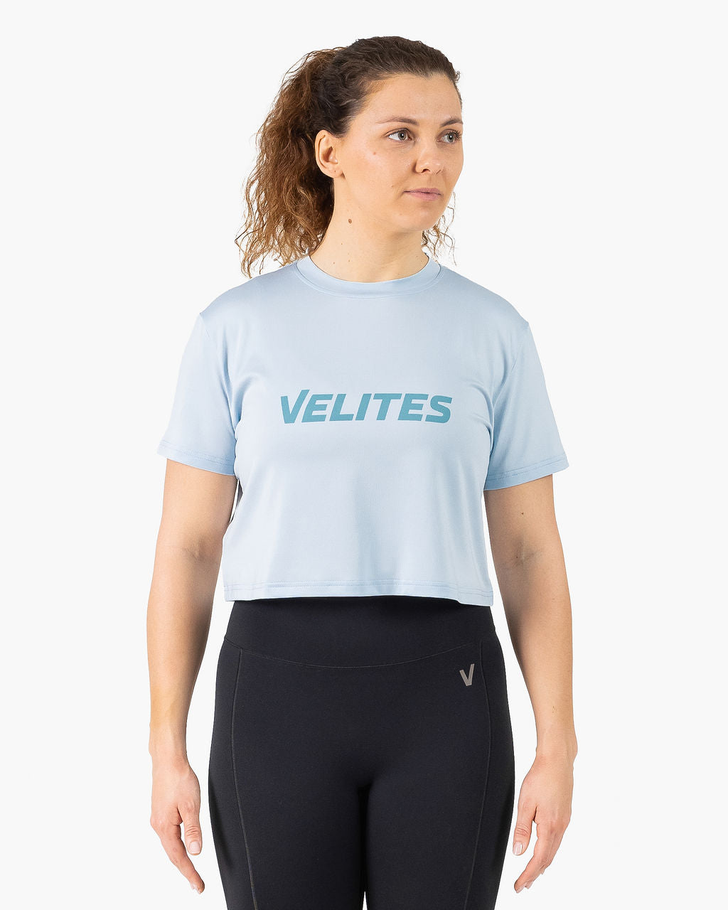 Velites Holo women's crop t-shirt front color_Caribbean Blue