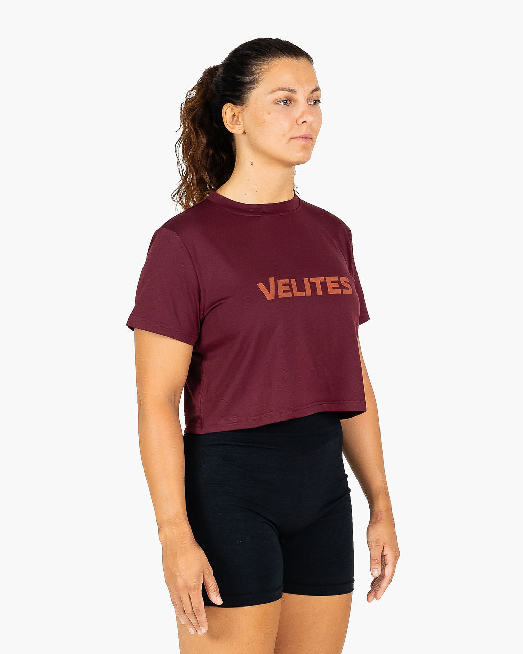 Velites Holo women's crop t-shirt front color_Pomegranate