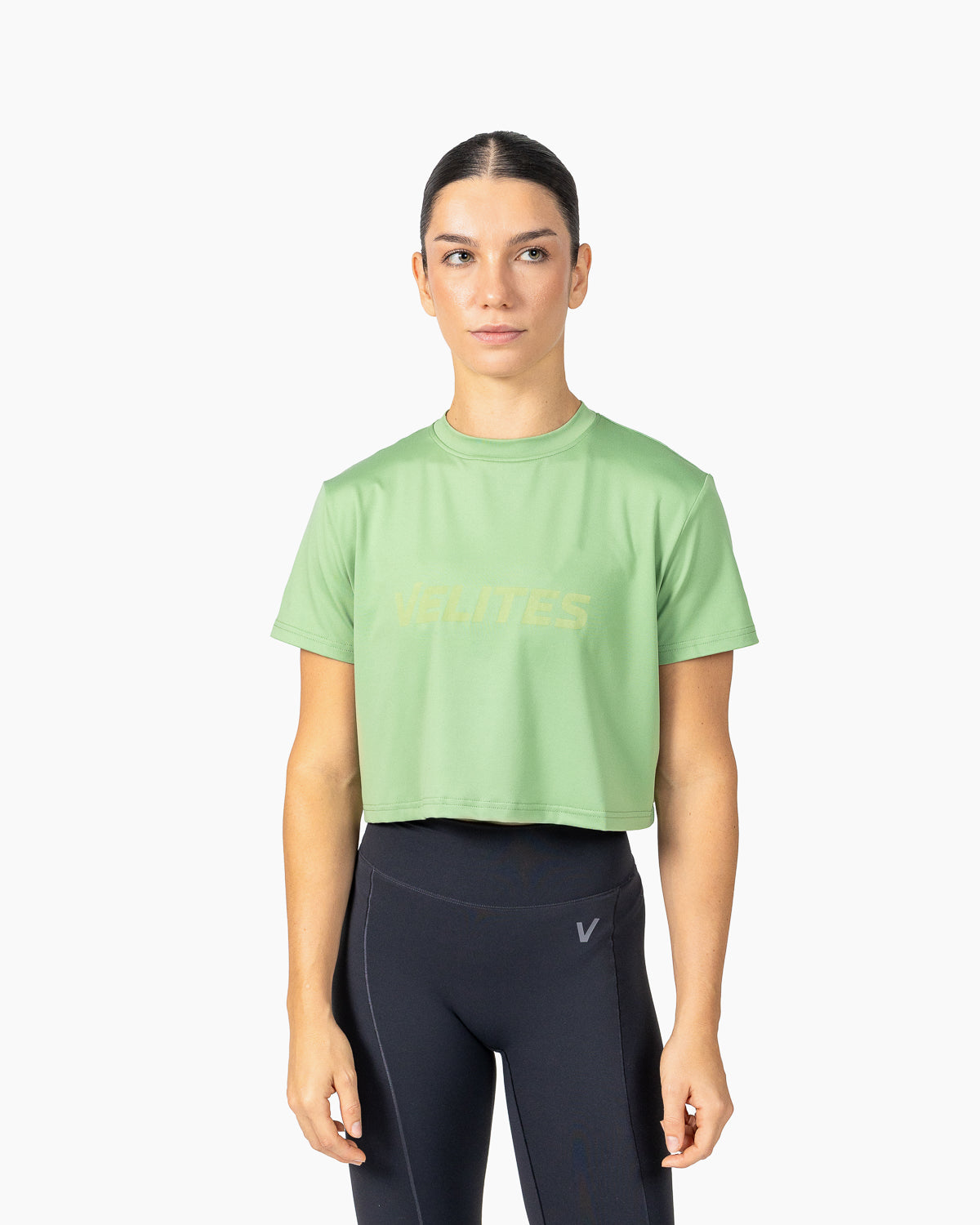 Velites Holo women's crop t-shirt front color_North Moss