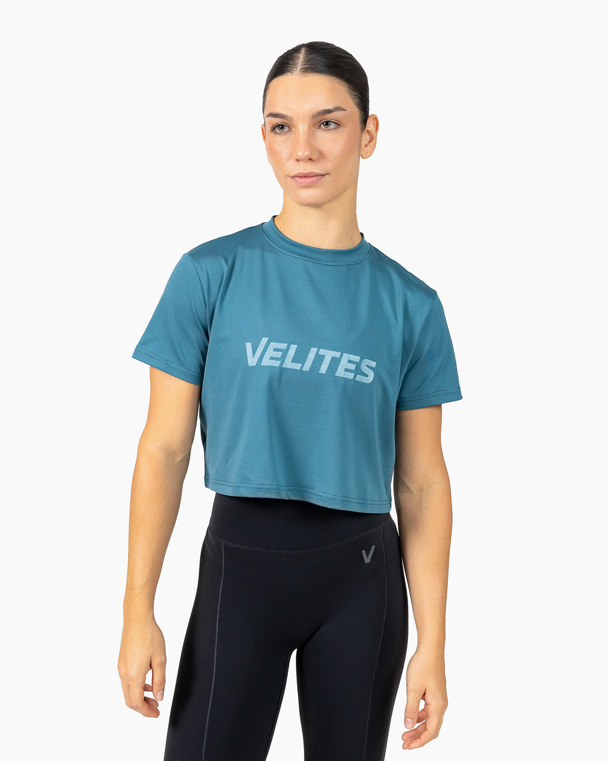 Velites Holo women's crop t-shirt front color_Denim Blue