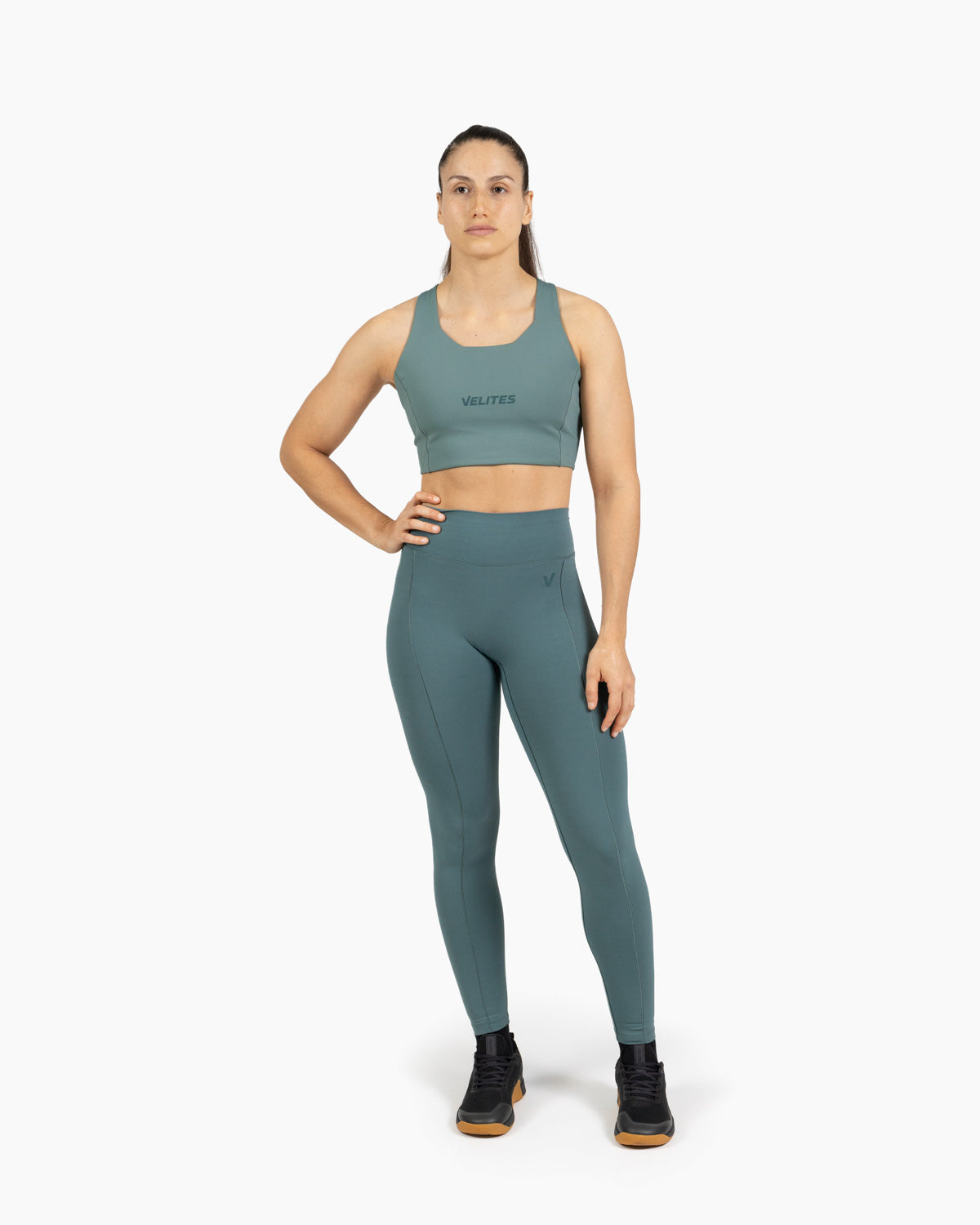 High neck bra Holo Velites female model front color_Pine green