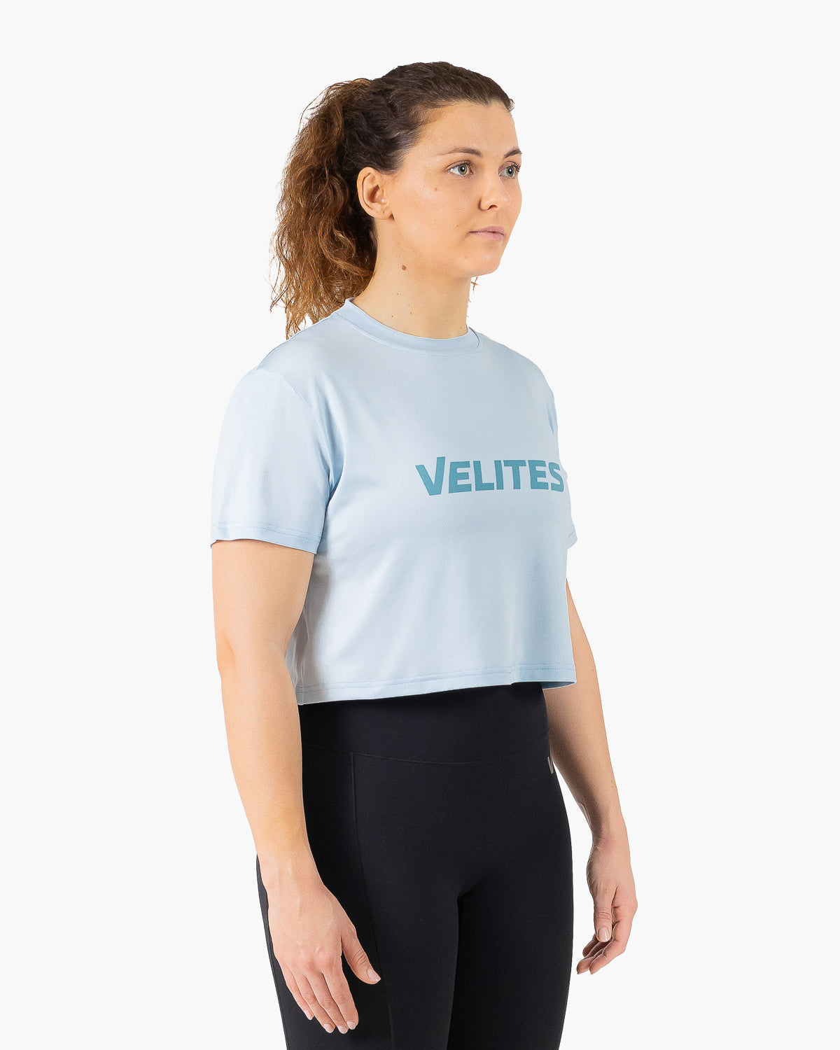 Velites Holo women's crop t-shirt three-quarter color_Caribbean Blue