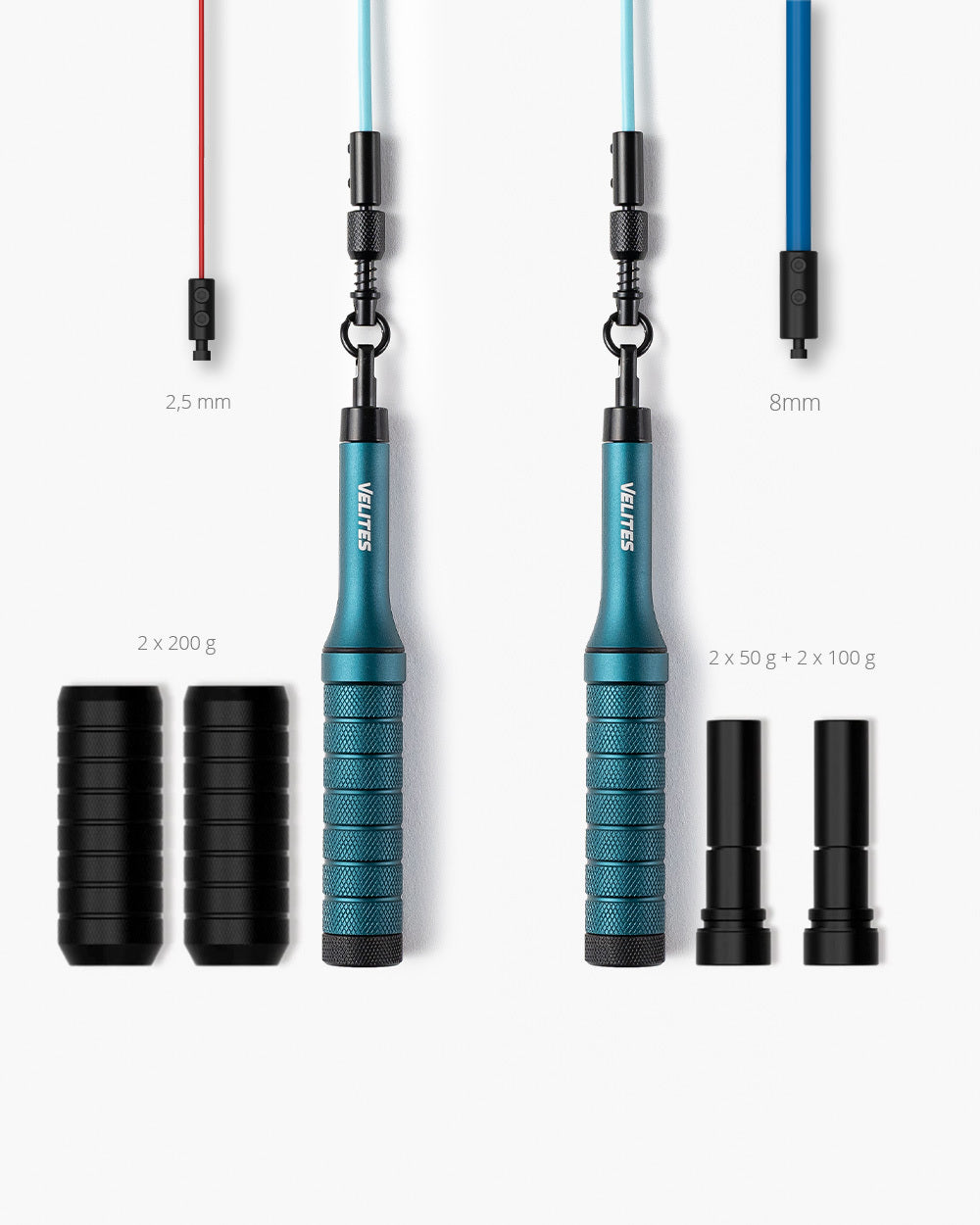 Velites Earth 2.0 Jump Rope pack with teal handles, 2.5 mm, 4 and 8 mm cables, and interchangeable 50 g, 100 g, and 200 g weights to improve strength, technique, and endurance.