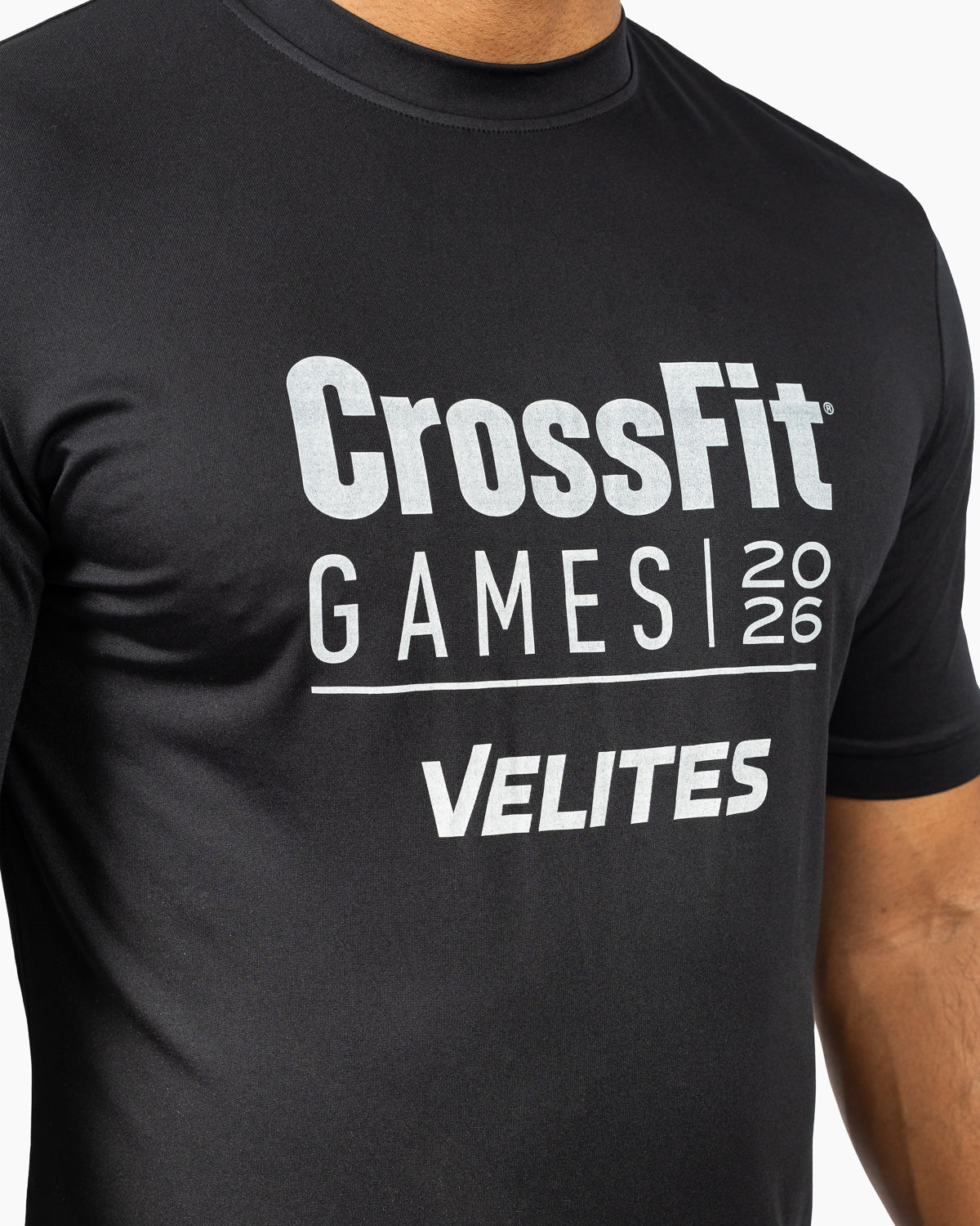 Closeup of the retro chest graphic on the black Velites CrossFit Games t shirt