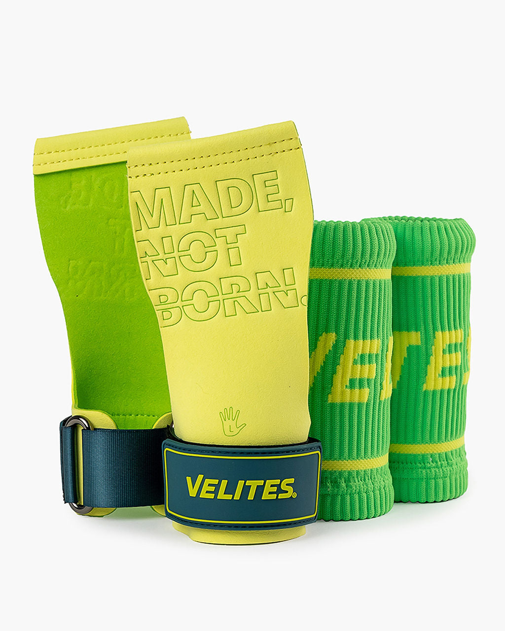 Velites Quad Pro magnesium hand grips and wrist wraps lemon lime